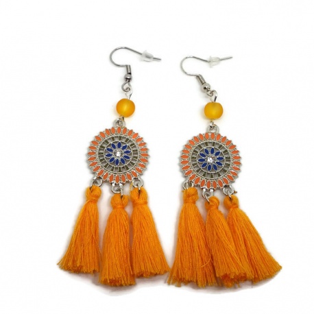 Boucles d'oreilles ethnique pompon orange