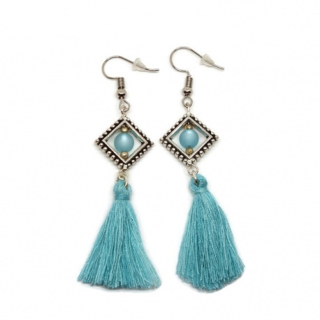Boucles d'oreilles pompon fil turquoise
