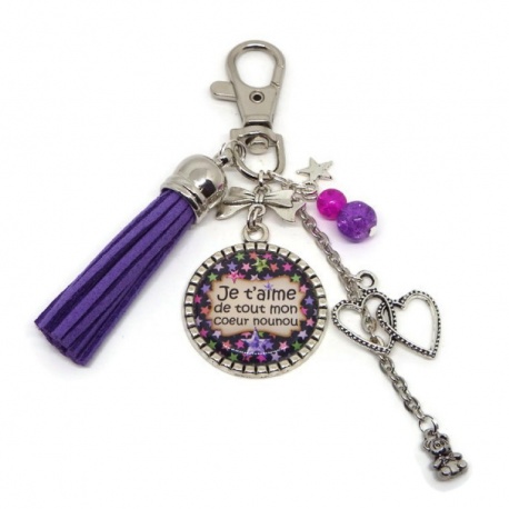 Porte clés ou bijou de sac "Je t'aime de tout mon coeur nounou"