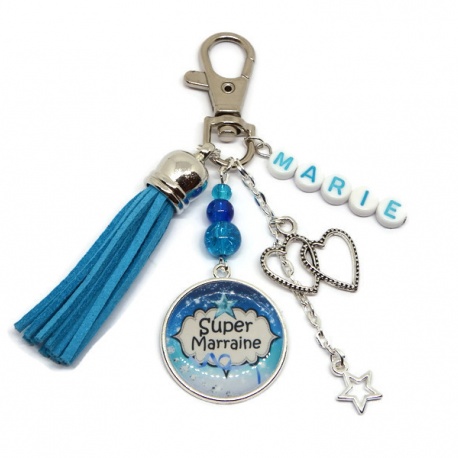 Porte clés ou bijou de sac "Super marraine" personnalisable avec le prénom de votre choix